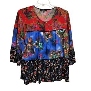 4462)Calesaa Multiprint  Boho Floral Bell Sleeve Tiered Blouse Plus 2X